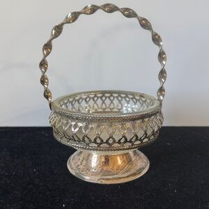 Vintage Glass Bowl with Silver Plate Basket-Twisted Handle - England K21 Silver